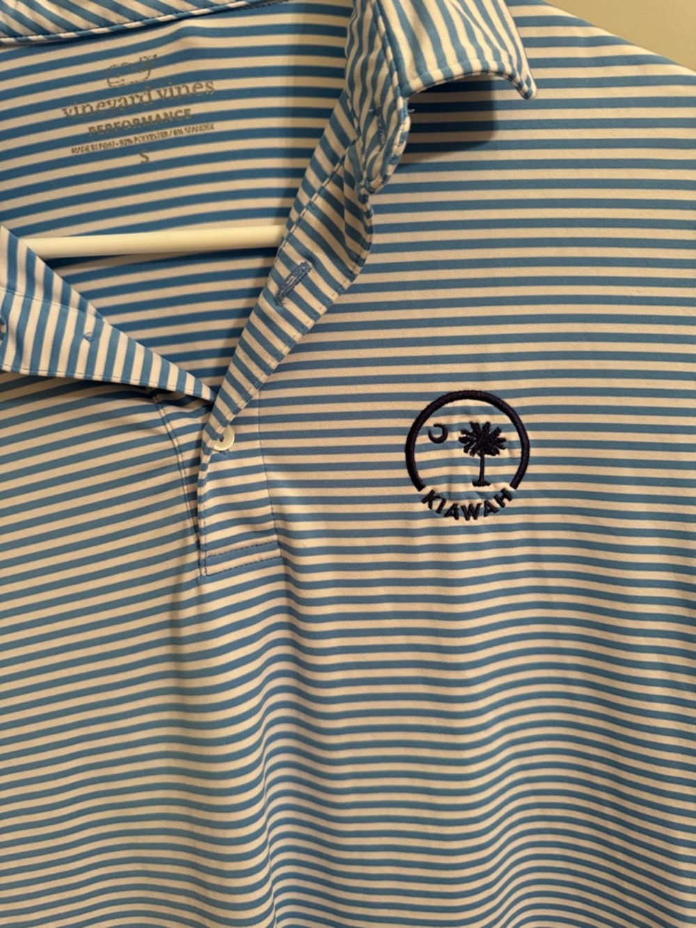 Vineyard Vines Blue & White Striped Polo with Navy Kiawah logo golf shirt Sm